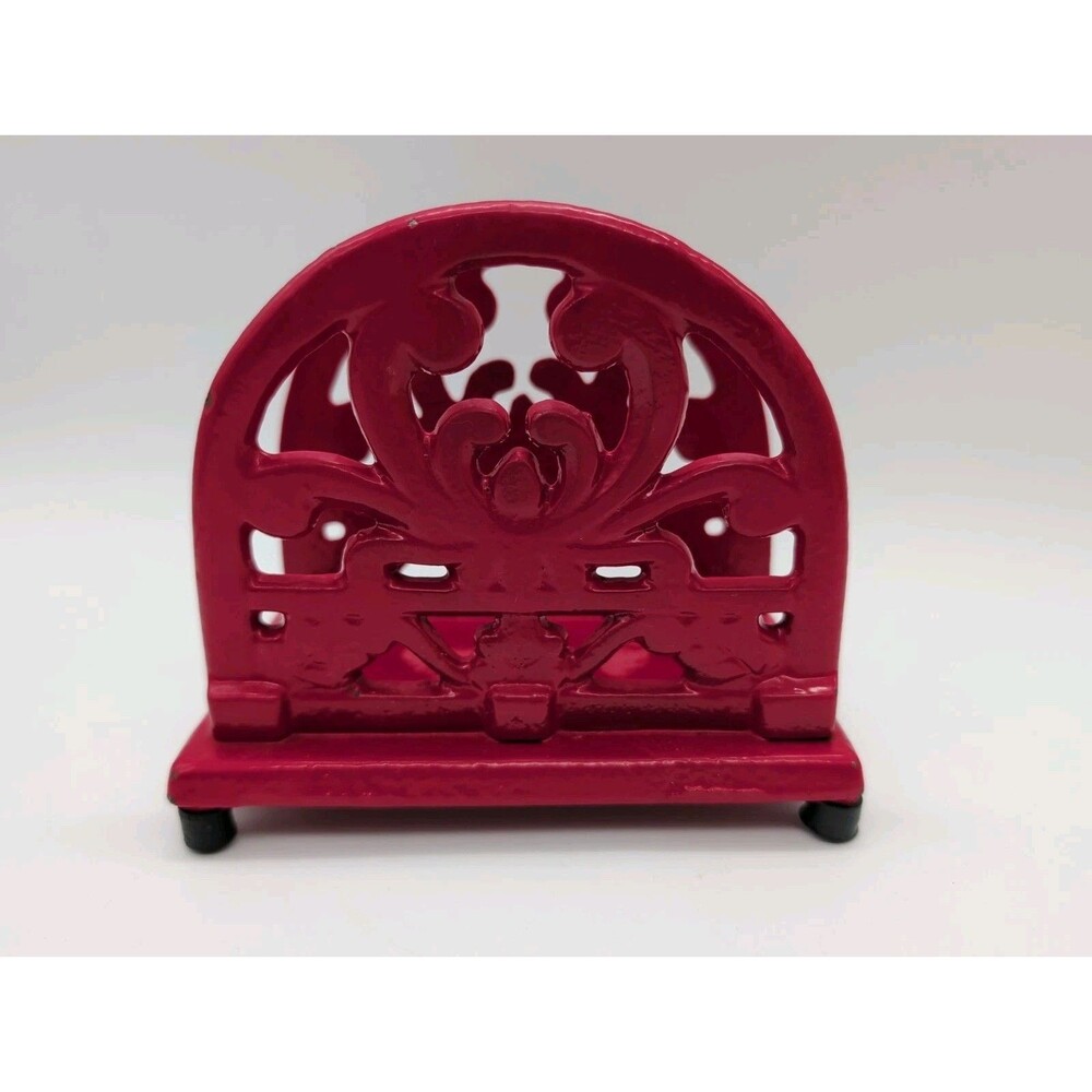 Cast Iron Napkin Holder Red Scroll Design Letter Organizer Farmhouse Heavy Vtg